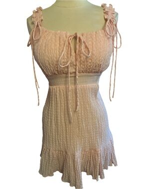 Pink Smocked MIdi Dress w/ruffle straps & tie bow details Size Small